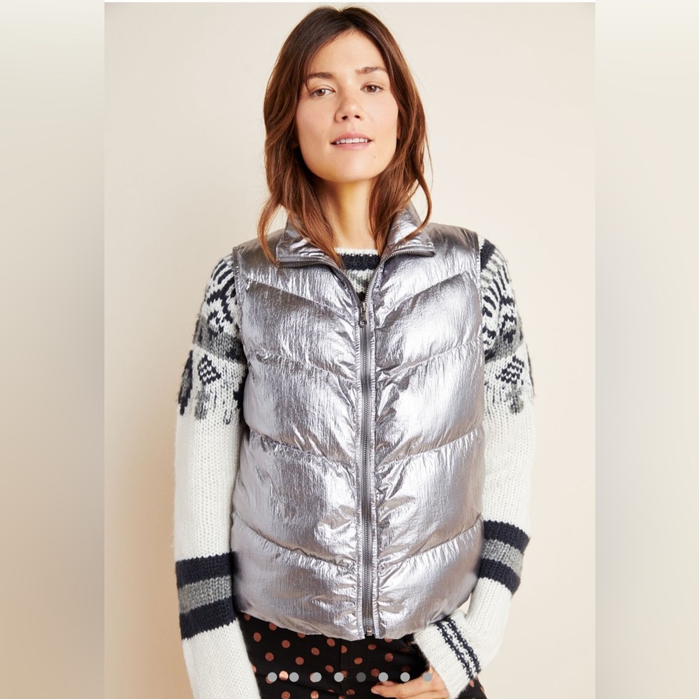 Anthropologie NWT Metallic Silver Puffer Vest M